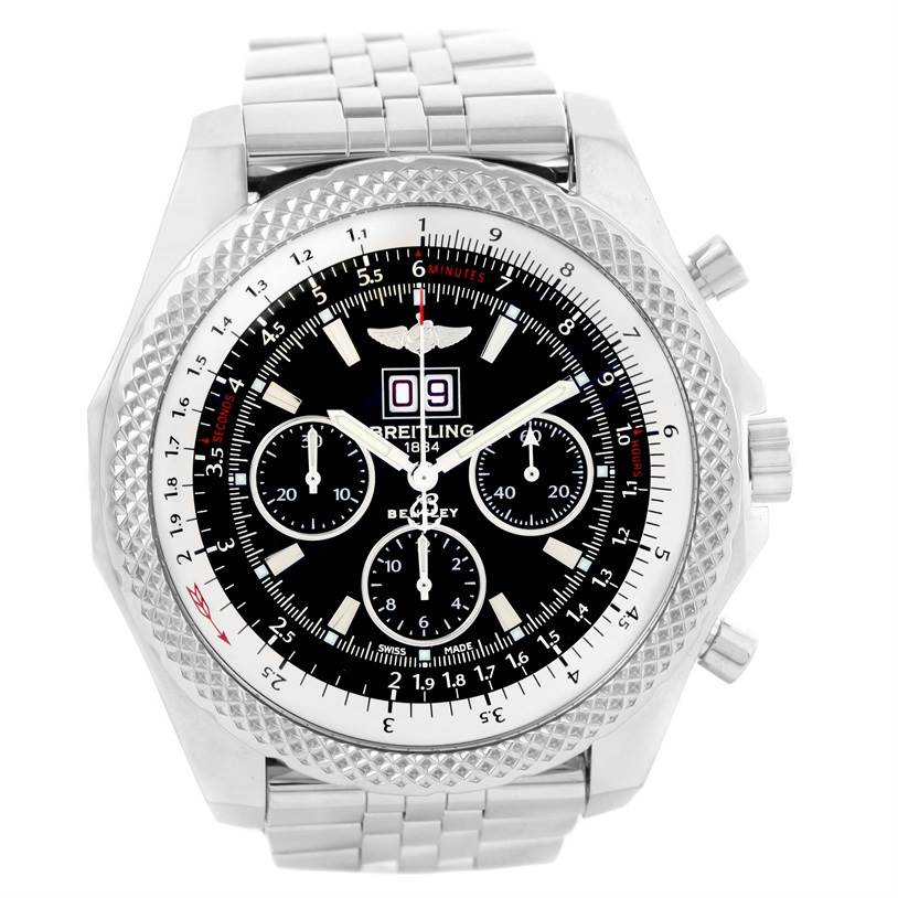 The Breitling Bentley A44364 Men's Stainless Steel Black Dial A44364 Men's Stainless Steel Black Dial watch is shown from a top-down view, highlighting its face, bezel, and part of the metal bracelet.