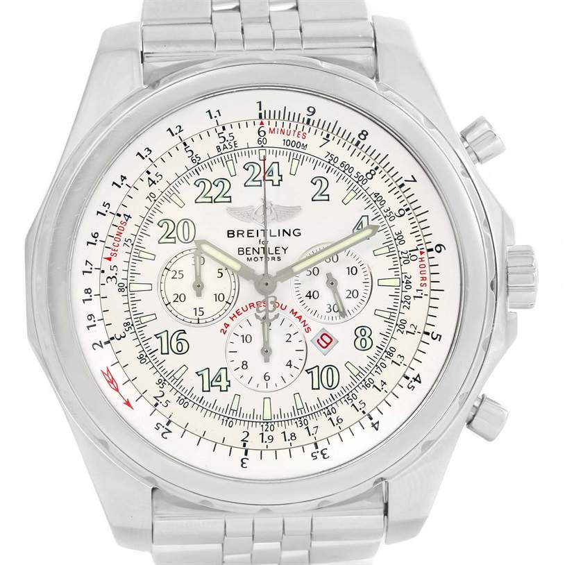 The image shows the Breitling Bentley A22362 Men's Stainless Steel White Dial A22362 Men's Stainless Steel White Dial watch face and part of the metal bracelet at a straight-on angle.