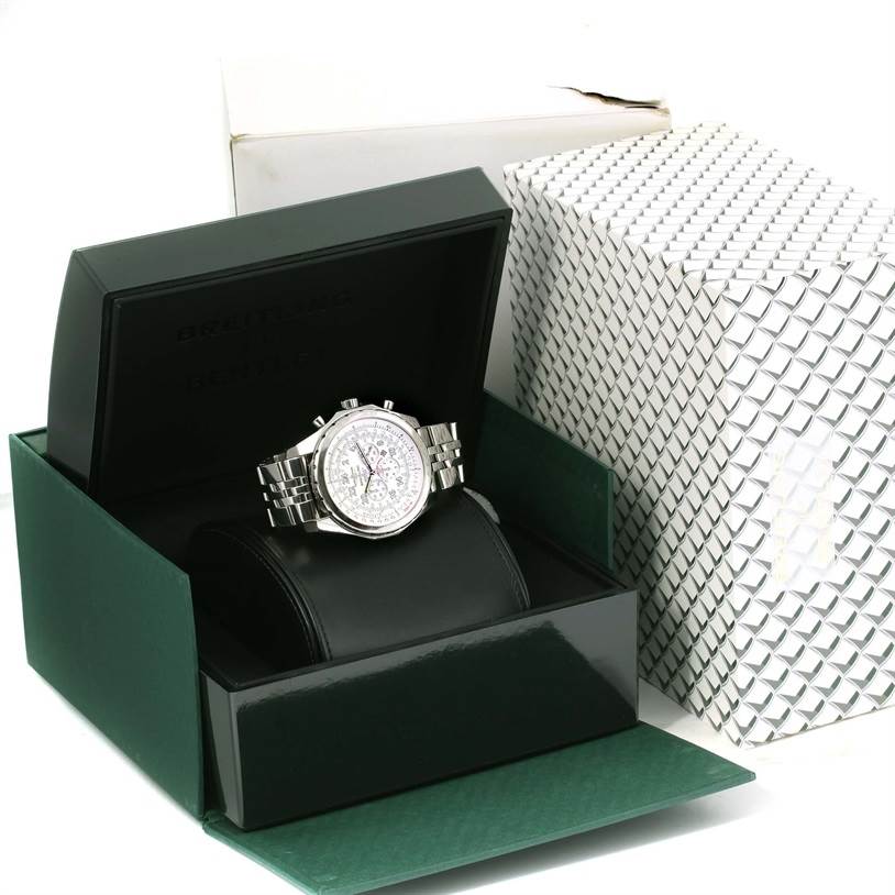 The Breitling Bentley A22362 Men's Stainless Steel White Dial A22362 Men's Stainless Steel White Dial watch is shown at an angle in its open case, with the face and bracelet clearly visible.