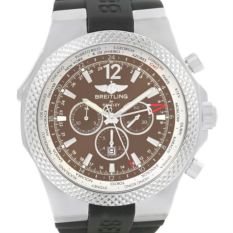 The image shows a front view of a Breitling Bentley watch, highlighting the dial, bezel, and part of the strap.