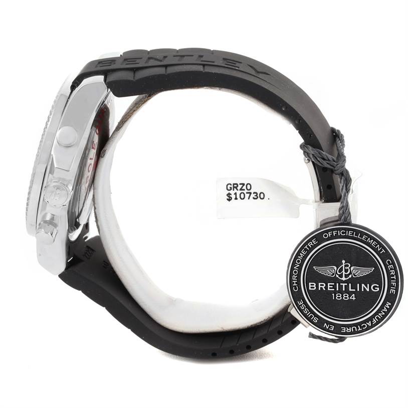 The image shows a Bentley model by Breitling from a side angle, highlighting its black strap and tag.