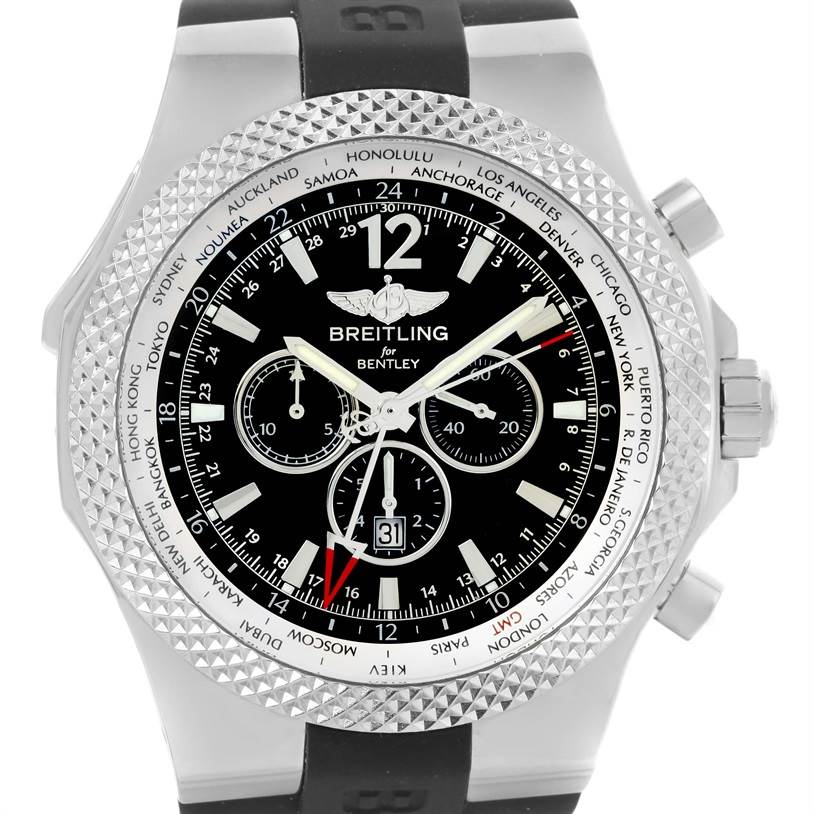 The image shows a front view of a Breitling Bentley A47362 Men's Stainless Steel Black Dial A47362 Men's Stainless Steel Black Dial model watch, showcasing the dial, bezel, and part of the strap.