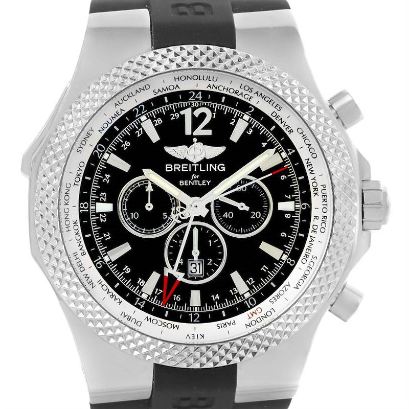 The image shows a front view of a Breitling Bentley model watch, showcasing the dial, bezel, and part of the strap.