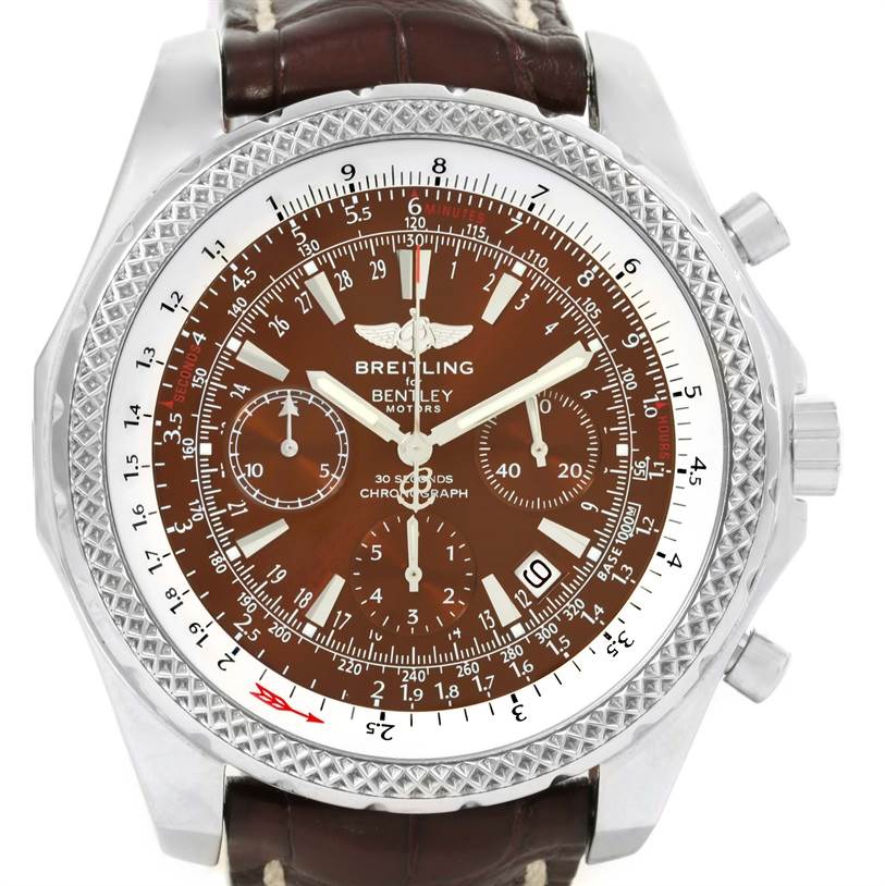 The image shows a frontal view of the Breitling Bentley A25362 Men's Stainless Steel Brown Dial A25362 Men's Stainless Steel Brown Dial model watch, highlighting its brown dial, chronograph, and leather strap.