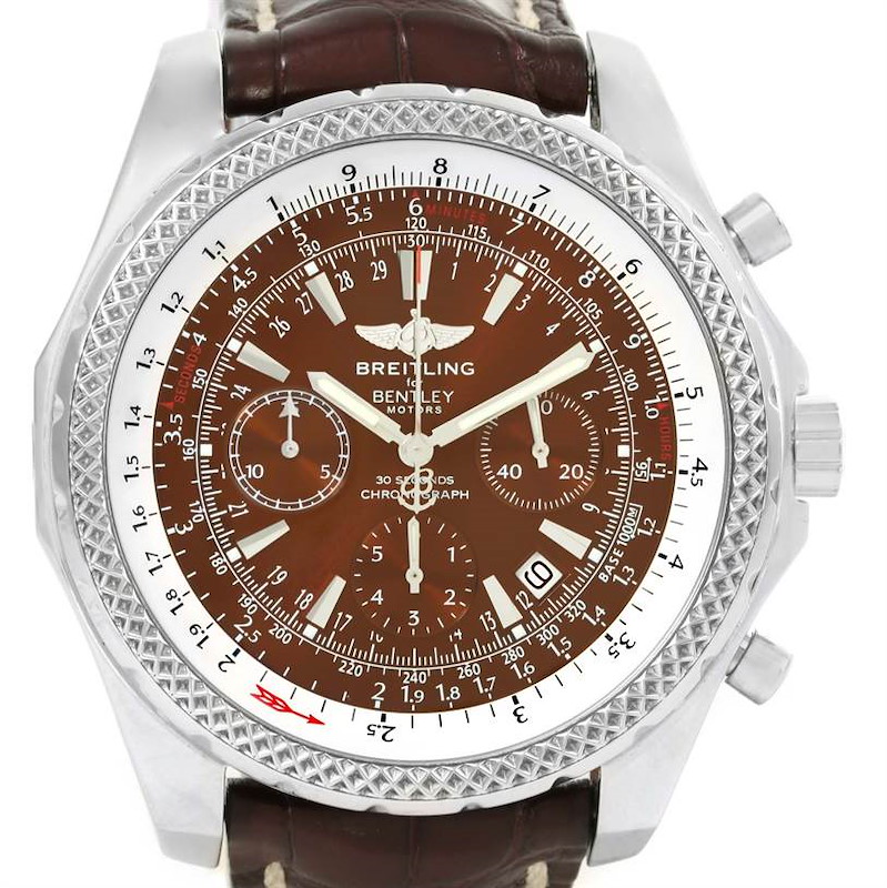 The image shows a frontal view of the Breitling Bentley model watch, highlighting its brown dial, chronograph, and leather strap.