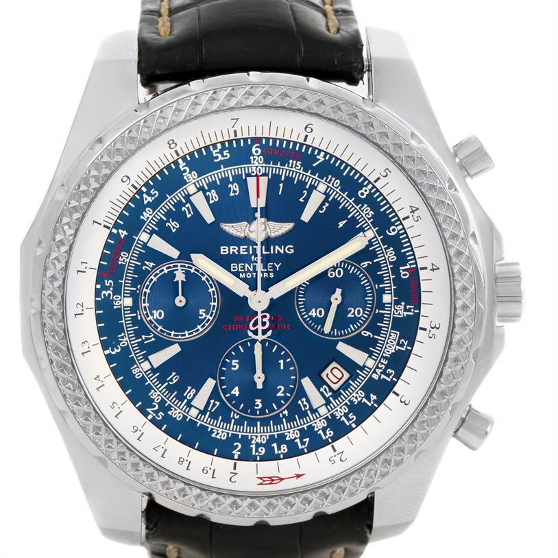 The image shows a front view of a Breitling Bentley A25362 Men's Stainless Steel Blue Dial A25362 Men's Stainless Steel Blue Dial watch, including the face, bezel, and upper part of the leather strap.