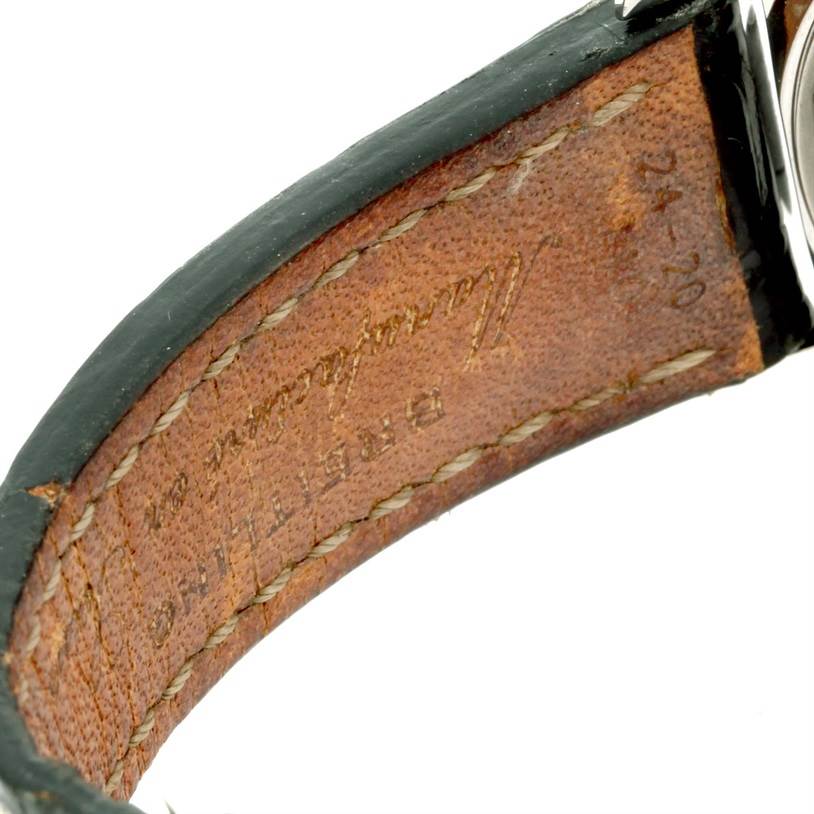 The image shows a close-up of the inner leather strap with stitching of a Bentley model by Breitling watch.