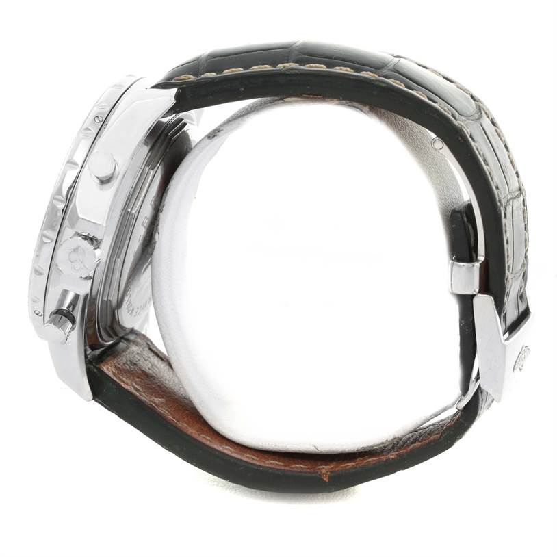 The image shows a side view of the Breitling Bentley A25362 Men's Stainless Steel Blue Dial A25362 Men's Stainless Steel Blue Dial watch, focusing on its bezel, crown, and leather strap.