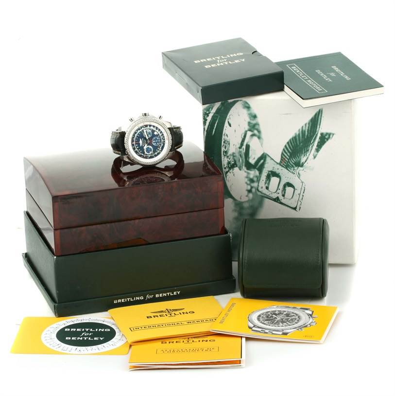 The image shows a Breitling Bentley A25362 Men's Stainless Steel Blue Dial A25362 Men's Stainless Steel Blue Dial watch with its box, manual, warranty card, and packaging.