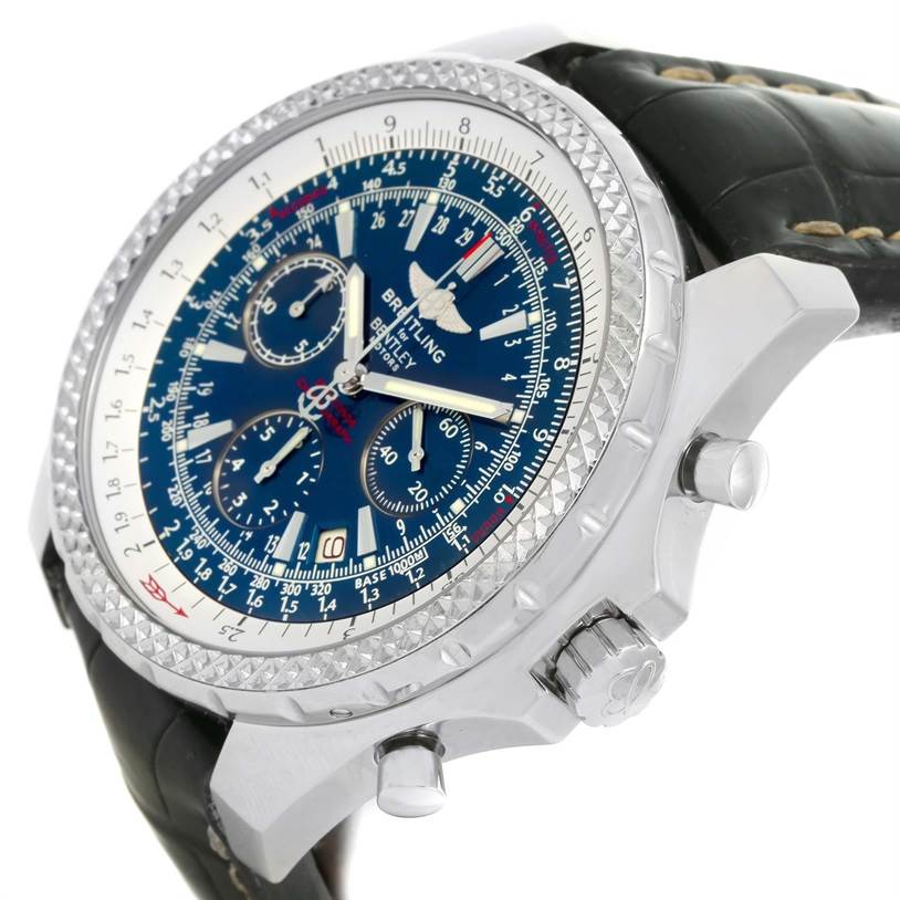 This Breitling Bentley A25362 Men's Stainless Steel Blue Dial A25362 Men's Stainless Steel Blue Dial model watch is shown at a slight angle, highlighting its face, bezel, and pushers.