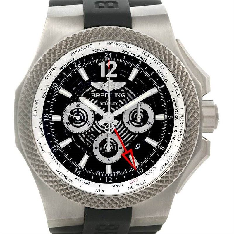 The image shows a front view of the Breitling Bentley watch, highlighting the dial, bezel, and strap.