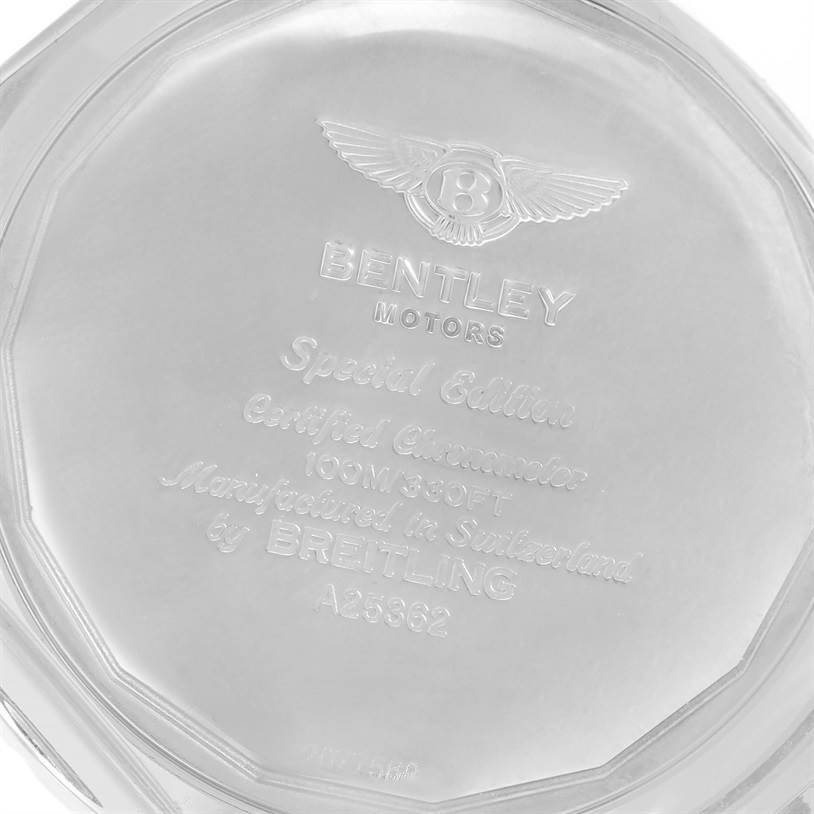 The image shows the back cover of the Bentley model watch by Breitling, highlighting engraved text and logos.