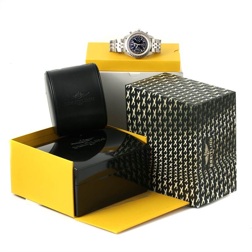 The Bentley model watch by Breitling is shown with its box, packaging, and a black leather case.