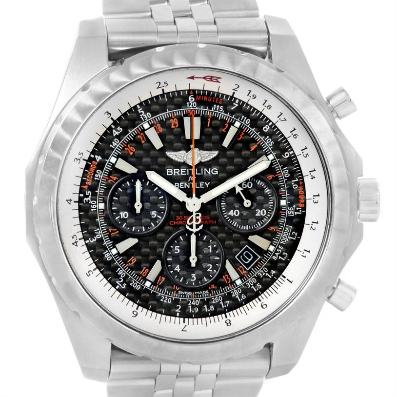 The image shows a frontal view of a Breitling Bentley A25365 Men's Stainless Steel Black Dial A25365 Men's Stainless Steel Black Dial watch, highlighting its intricate dial and steel bracelet.