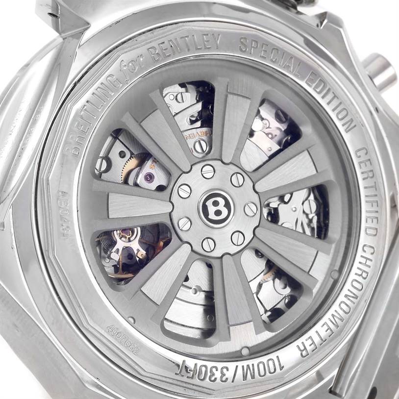 The image shows the back case of the Breitling Bentley AB0431 Men's Stainless Steel Black Dial AB0431 Men's Stainless Steel Black Dial model watch, revealing its intricate movement and design elements.