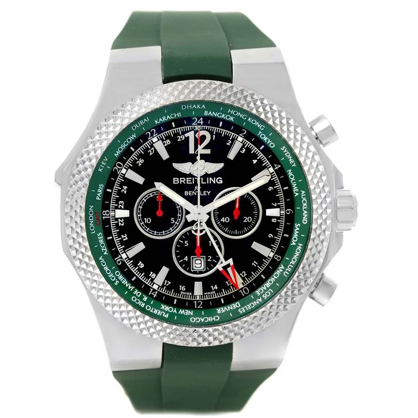 The image shows a front view of a Bentley model by Breitling, featuring a green strap, a black and green bezel, and multiple dials.