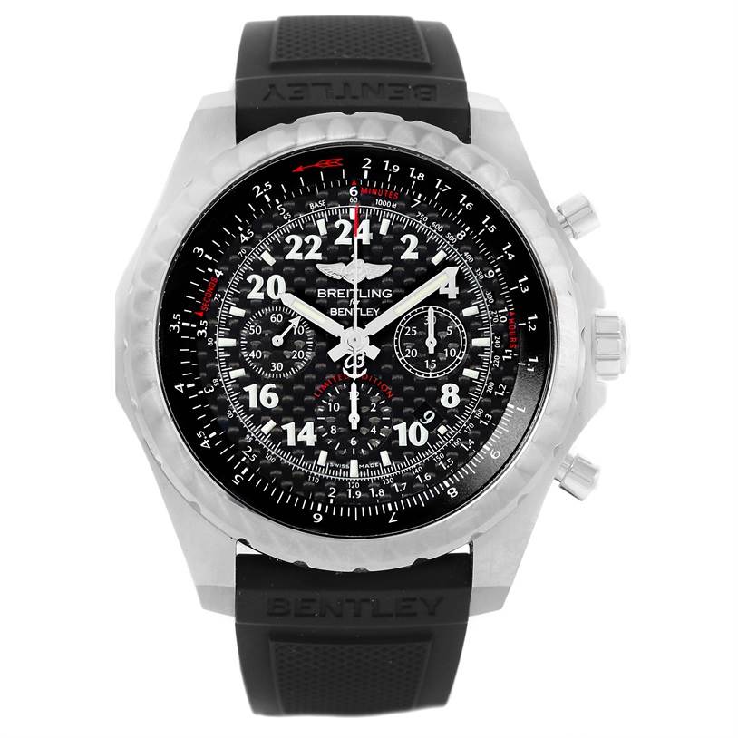 This image shows a frontal view of a Breitling Bentley 24H AB022022/BC84 Men's Stainless Steel Black Dial 24H AB022022/BC84 Men's Stainless Steel Black Dial watch featuring its dial, bezel, and strap.