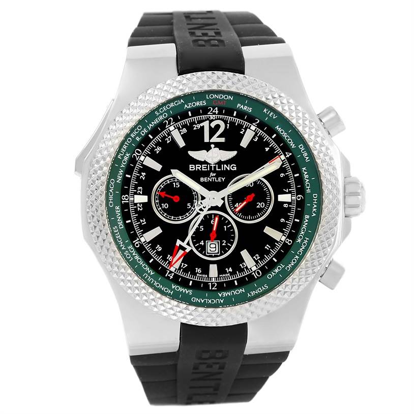 This image shows a front view of the Breitling Bentley A4736254/B919 Men's Stainless Steel Black Dial A4736254/B919 Men's Stainless Steel Black Dial watch, highlighting its face, bezel, and black rubber strap.