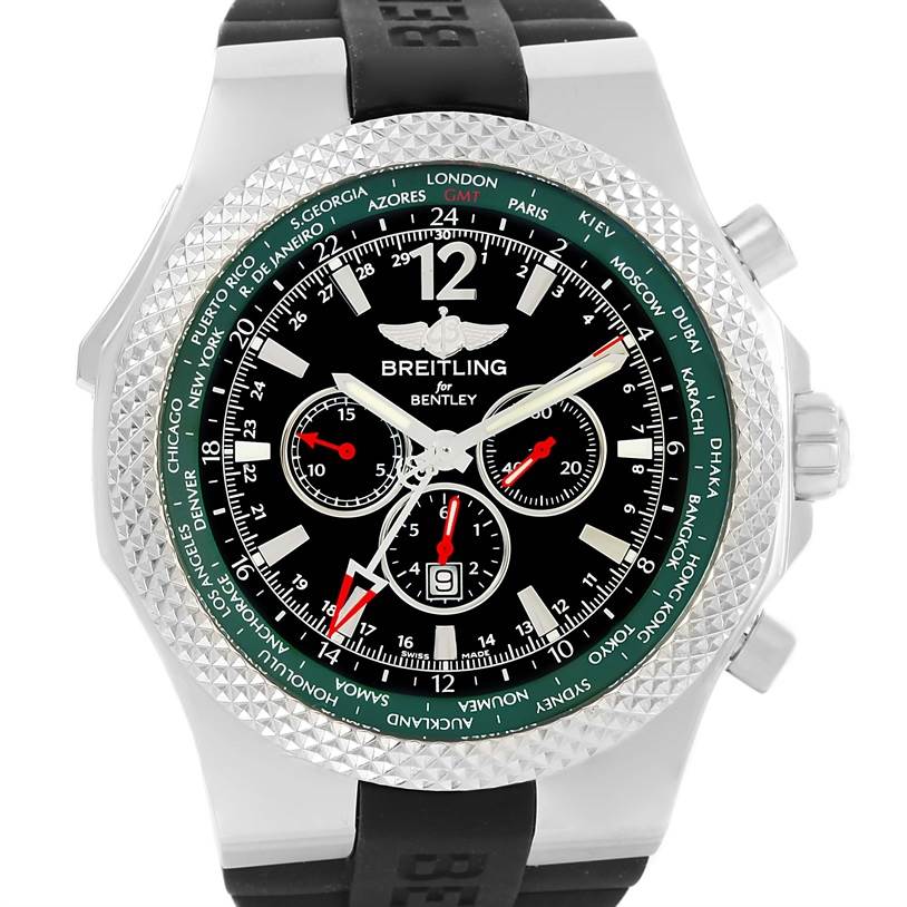 This is a front view of a Breitling Bentley A4736254/B919 Men's Stainless Steel Black Dial A4736254/B919 Men's Stainless Steel Black Dial model showing the watch face, bezel, and part of the strap.
