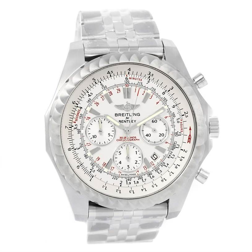 The image shows a frontal view of a Breitling Bentley A25365 Men's Stainless Steel Silver Dial A25365 Men's Stainless Steel Silver Dial watch featuring its face, dial, and metal bracelet.