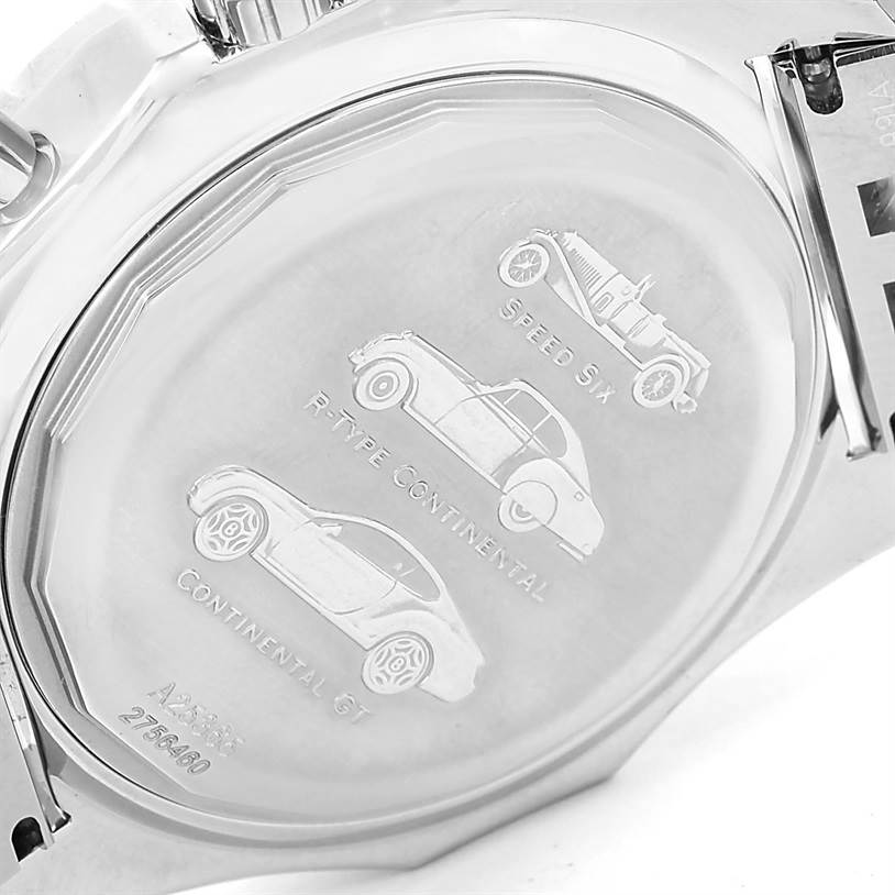 The image shows the back of a Breitling Bentley A25365 Men's Stainless Steel Silver Dial A25365 Men's Stainless Steel Silver Dial model watch, featuring engravings of classic Bentley cars.