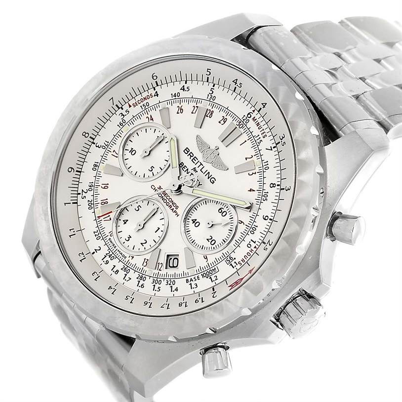 The image shows a Breitling Bentley A25365 Men's Stainless Steel Silver Dial A25365 Men's Stainless Steel Silver Dial watch at an angled close-up, highlighting its face, bracelet, and side buttons.