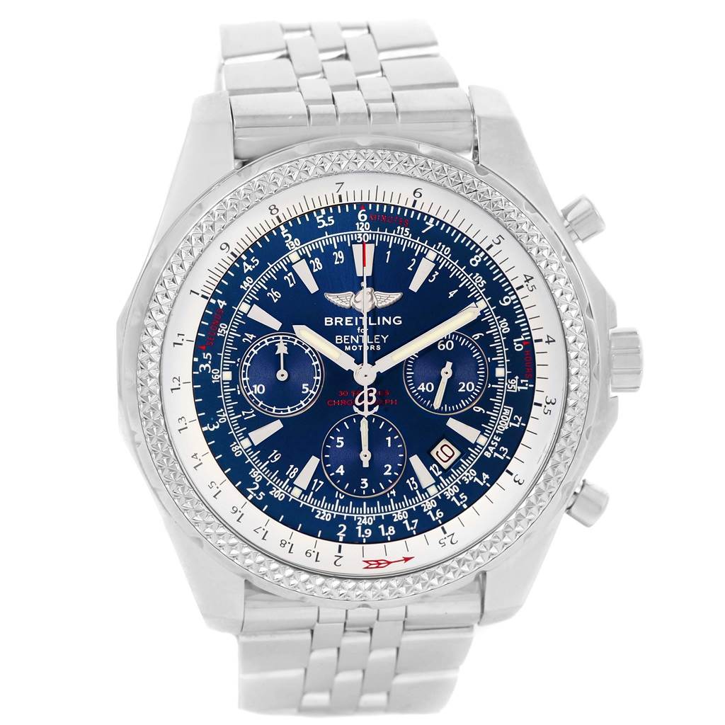 The Breitling Bentley A25362 Men's Stainless Steel Blue Dial A25362 Men's Stainless Steel Blue Dial watch is displayed from a front angle, showcasing the dial, bezel, and stainless steel bracelet.