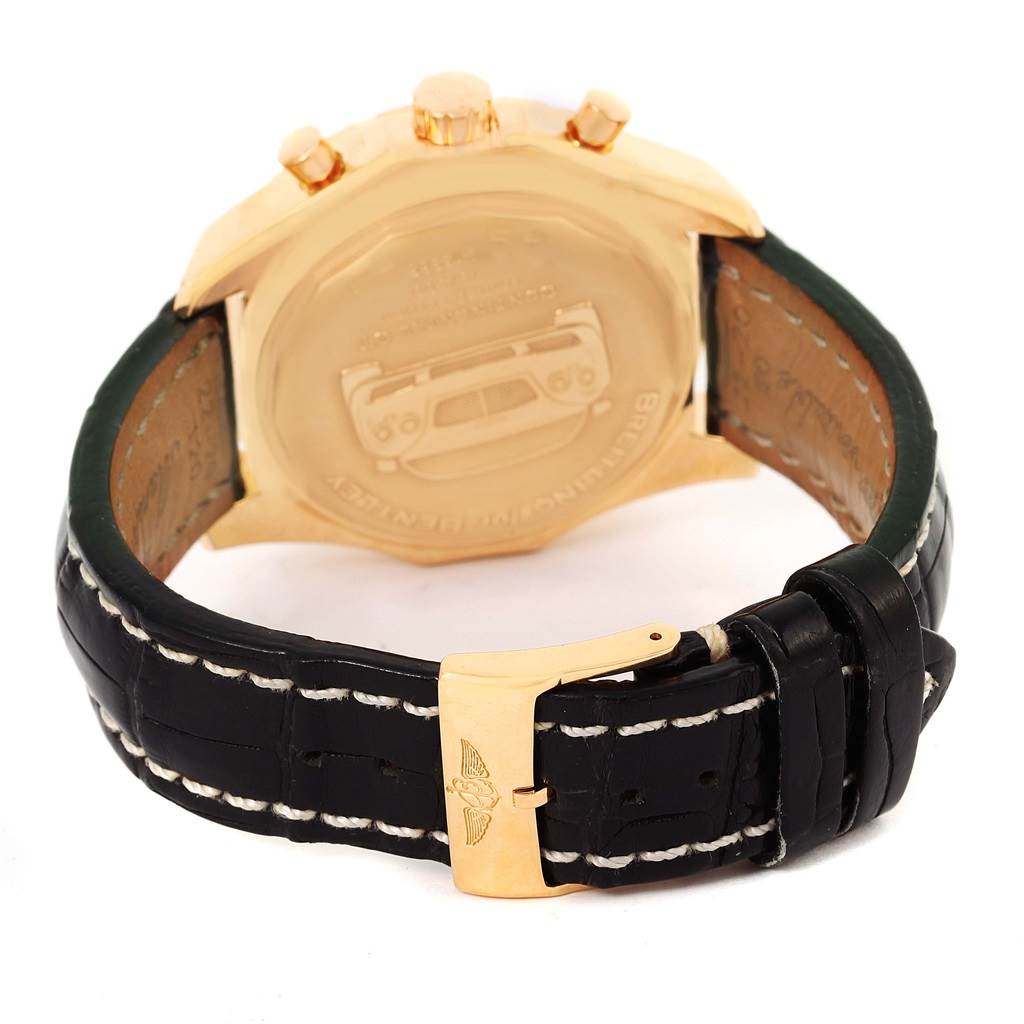 The image shows the back angle of the Breitling Bentley H13363 Men's Rose Gold Black Dial H13363 Men's Rose Gold Black Dial watch, highlighting the case back, crown, and black leather strap with a gold buckle.