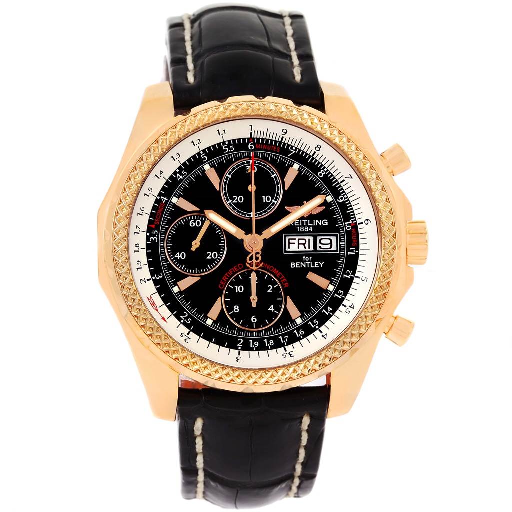 The image shows a front view of the Breitling Bentley H13363 Men's Rose Gold Black Dial H13363 Men's Rose Gold Black Dial model watch, featuring a black dial, chronograph subdials, and a leather strap.