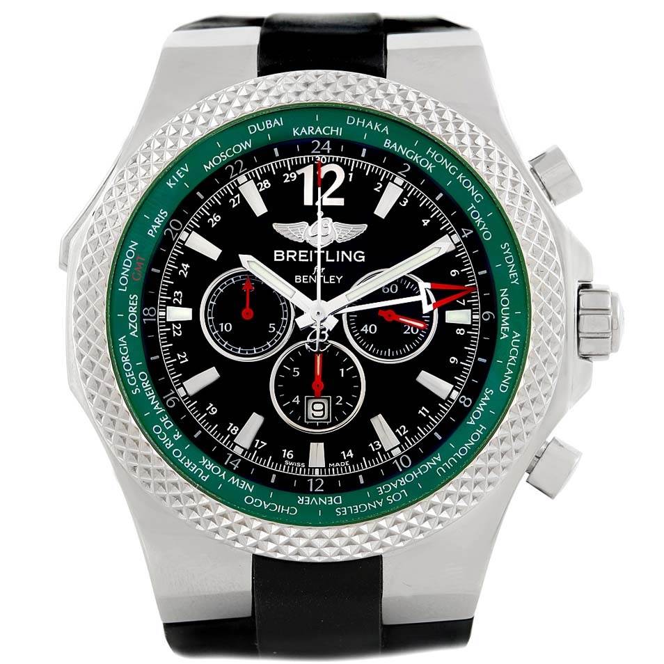 This image shows a front view of the Breitling Bentley A4736254/B919 Men's Stainless Steel Black Dial A4736254/B919 Men's Stainless Steel Black Dial watch, featuring its dial, bezel, and crown.