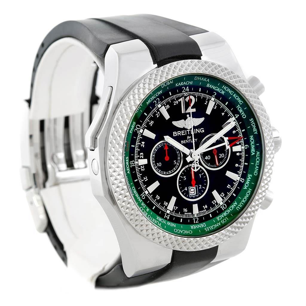 The Breitling Bentley A4736254/B919 Men's Stainless Steel Black Dial A4736254/B919 Men's Stainless Steel Black Dial watch is shown at a three-quarter angle, displaying the face, bezel, crown, and part of the strap.