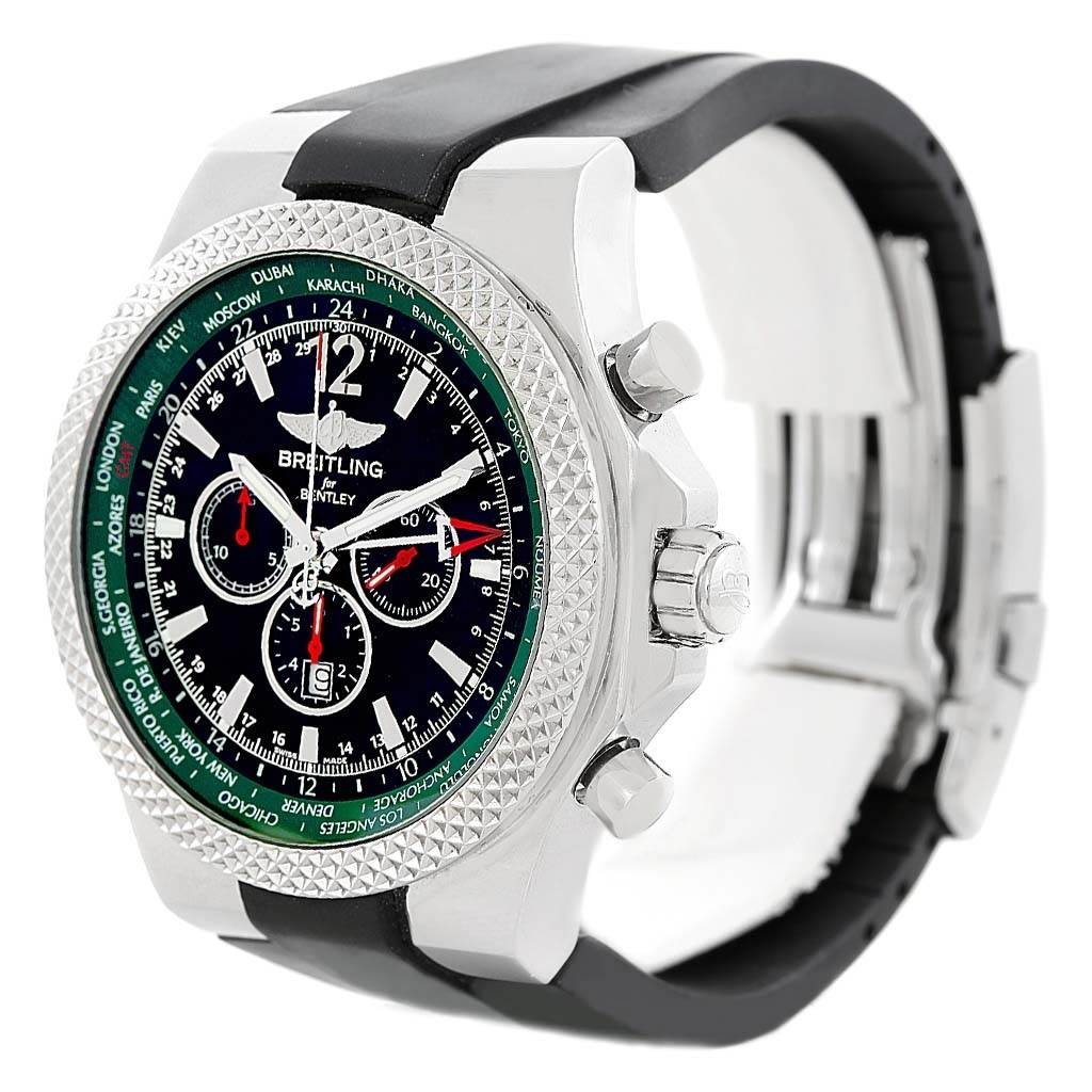 The Breitling Bentley A4736254/B919 Men's Stainless Steel Black Dial A4736254/B919 Men's Stainless Steel Black Dial watch is shown from a three-quarter angle, highlighting the bezel, dial, and partial strap.