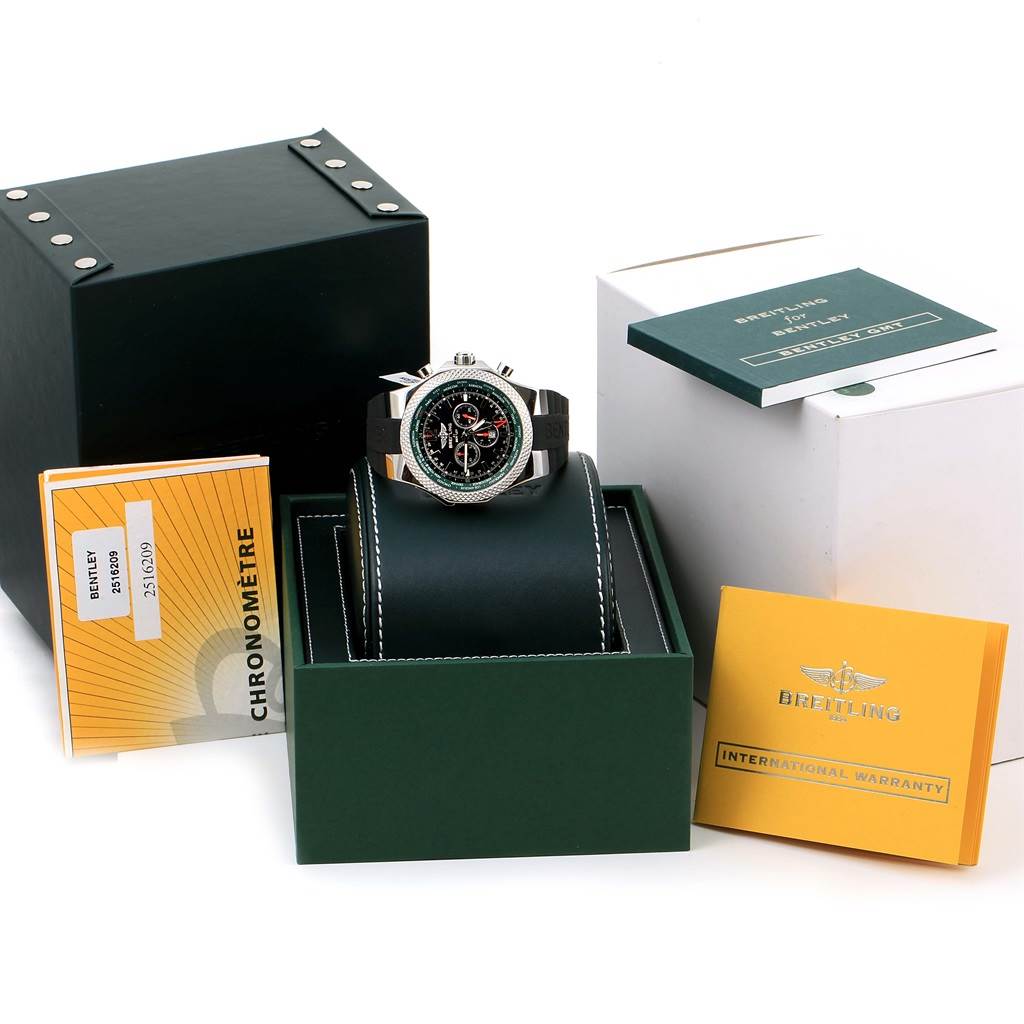 The image shows a Breitling Bentley A4736254/B919 Men's Stainless Steel Black Dial A4736254/B919 Men's Stainless Steel Black Dial watch at a front angle with its box, manual, and warranty cards.