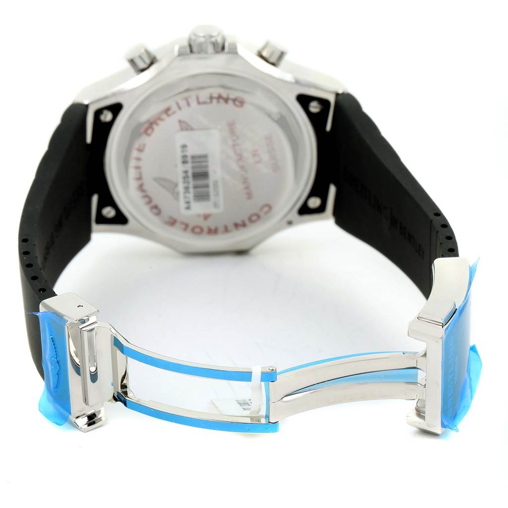 The image shows the back of a Breitling Bentley A4736254/B919 Men's Stainless Steel Black Dial A4736254/B919 Men's Stainless Steel Black Dial watch and its partially opened clasp.