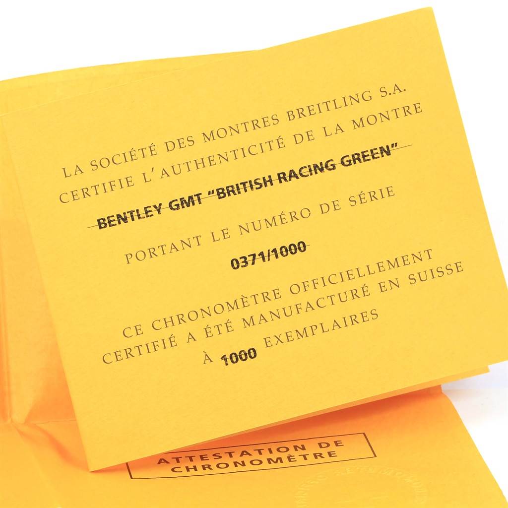 This image shows the authentication certificate for the Breitling Bentley A4736254/B919 Men's Stainless Steel Black Dial A4736254/B919 Men's Stainless Steel Black Dial GMT "British Racing Green" model, indicating it is number 0371 out of 1000 produced.