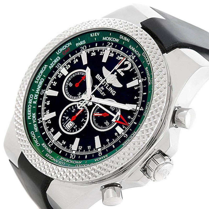 The image shows a close-up angled view of the Bentley model by Breitling, highlighting the face, bezel, and pushers.