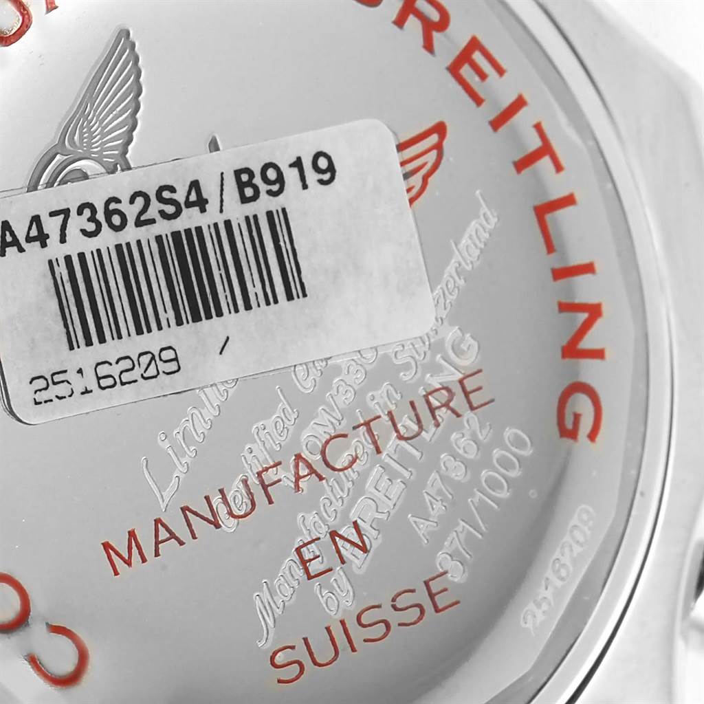 The image shows the back case of a Breitling Bentley A4736254/B919 Men's Stainless Steel Black Dial A4736254/B919 Men's Stainless Steel Black Dial watch, displaying the model number and additional inscriptions.