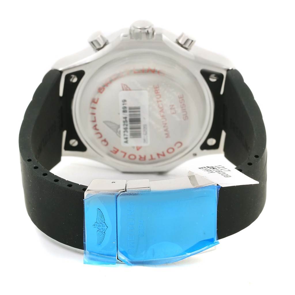 The image shows the back of a Bentley model by Breitling, focusing on the case back and strap clasp.