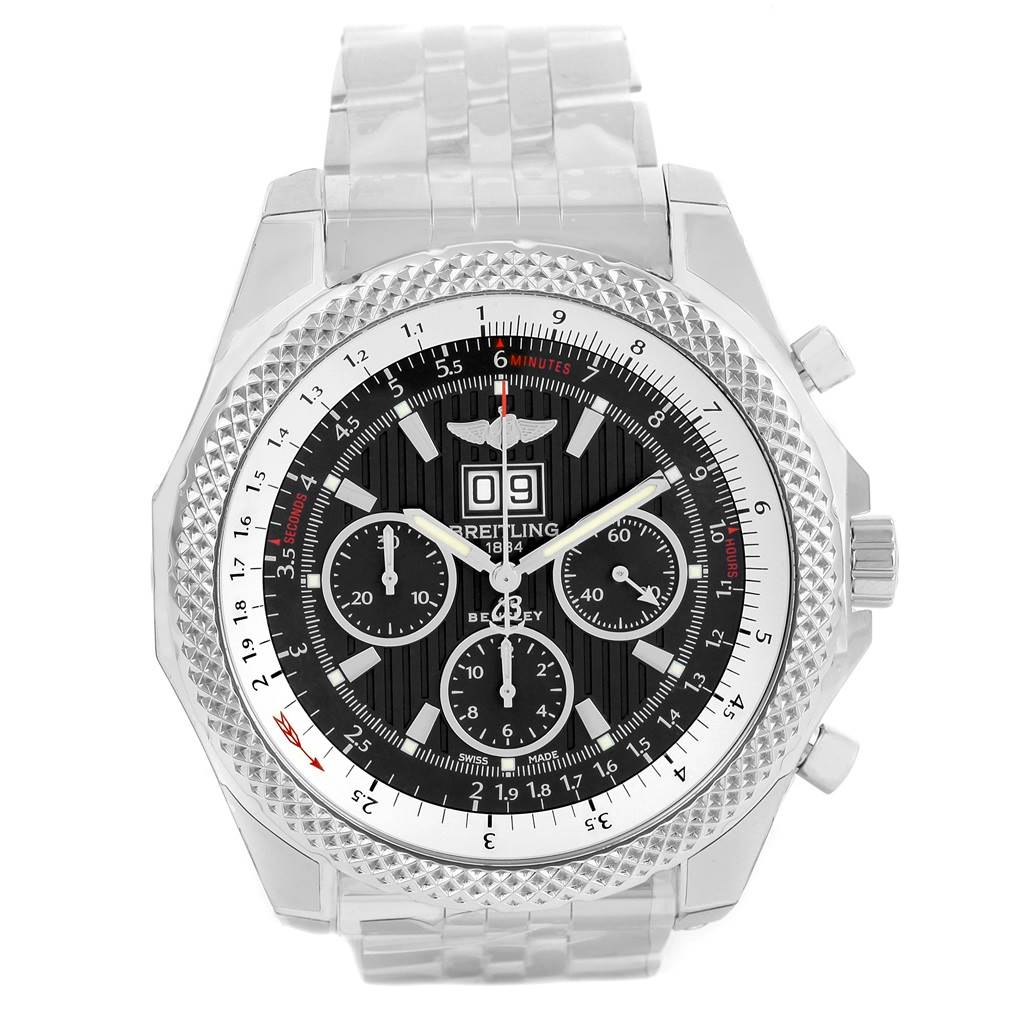 The image shows a frontal view of the Breitling Bentley A44364 Men's Stainless Steel Grey Dial A44364 Men's Stainless Steel Grey Dial watch, displaying its dial, bezel, and metal bracelet.