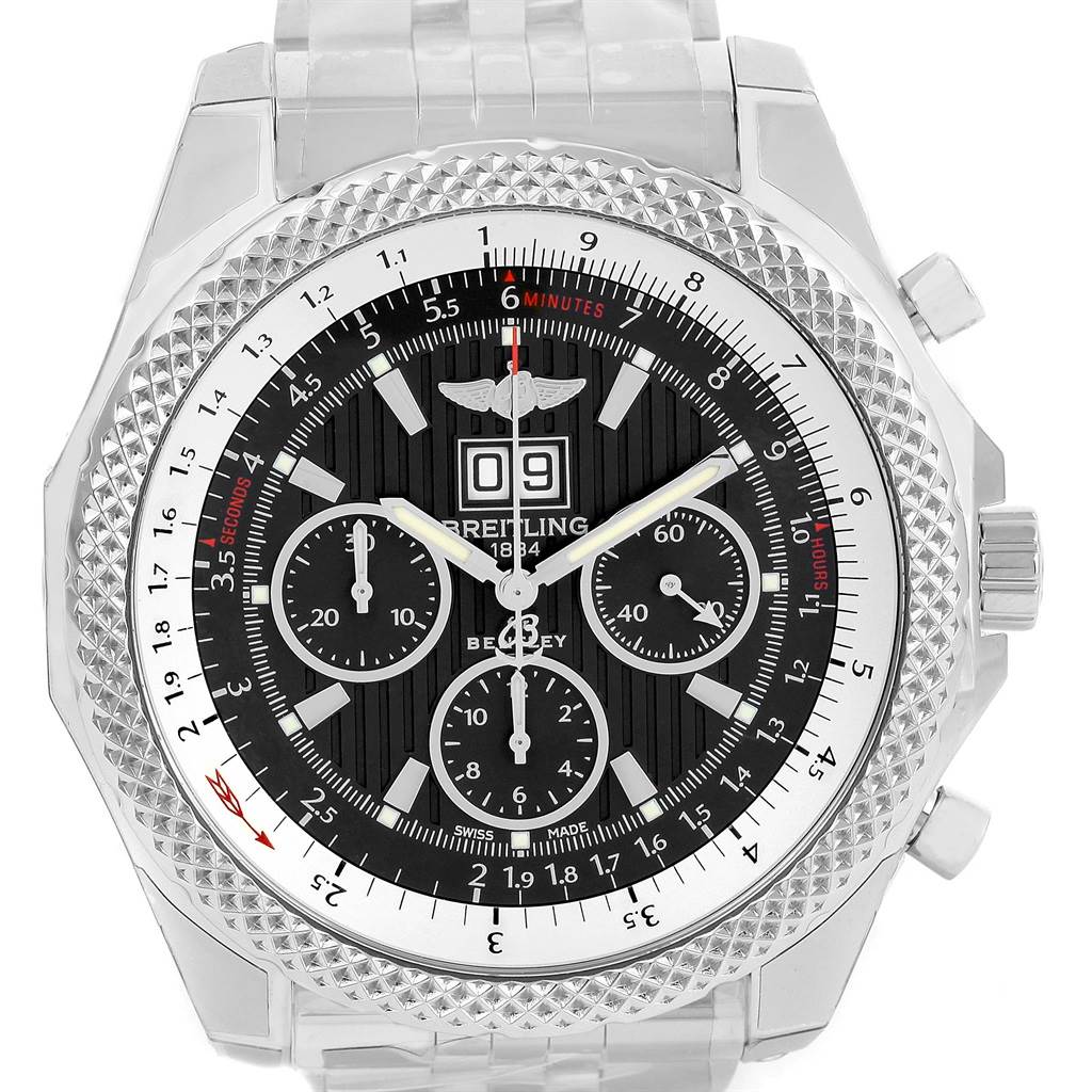 The image shows a front view of the Breitling Bentley A44364 Men's Stainless Steel Grey Dial A44364 Men's Stainless Steel Grey Dial watch, highlighting its dial, bezel, and part of the band.