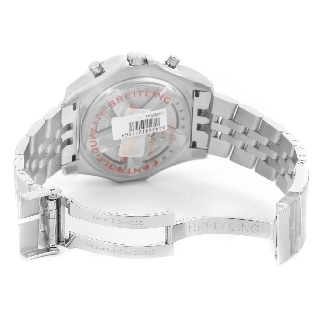 The image shows the back and clasp of a Breitling Bentley A44364 Men's Stainless Steel Grey Dial A44364 Men's Stainless Steel Grey Dial watch, highlighting the bracelet and deployment clasp with engraved branding.