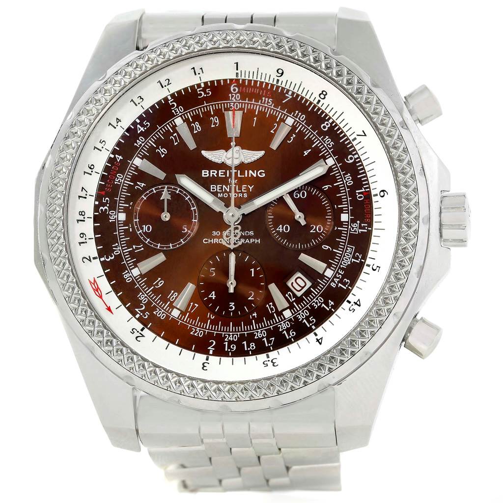 This Breitling Bentley A25362 Men's Stainless Steel Brown Dial A25362 Men's Stainless Steel Brown Dial model watch is shown in a front view, featuring its dial, bezel, and part of its bracelet.