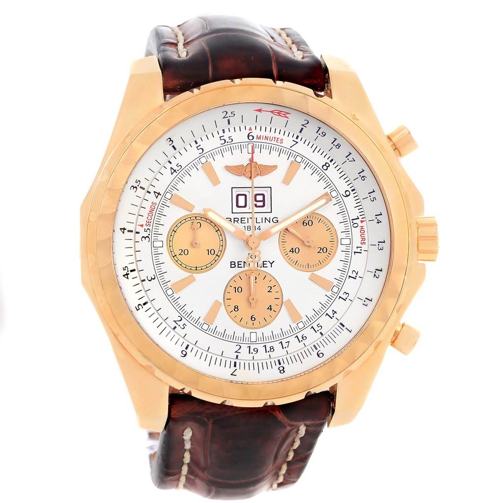 The image shows a frontal view of a Bentley model by Breitling, highlighting its face, crown, chronograph subdials, and leather strap.