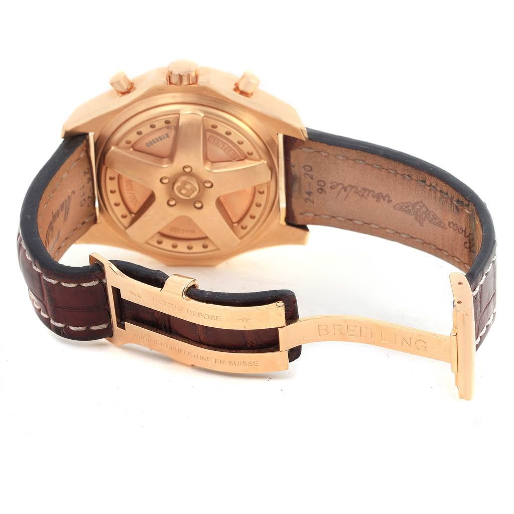 The image shows the back and clasp of a Breitling Bentley H44363 Men's Rose Gold White Dial H44363 Men's Rose Gold White Dial watch, highlighting its deployment clasp and case-back details.