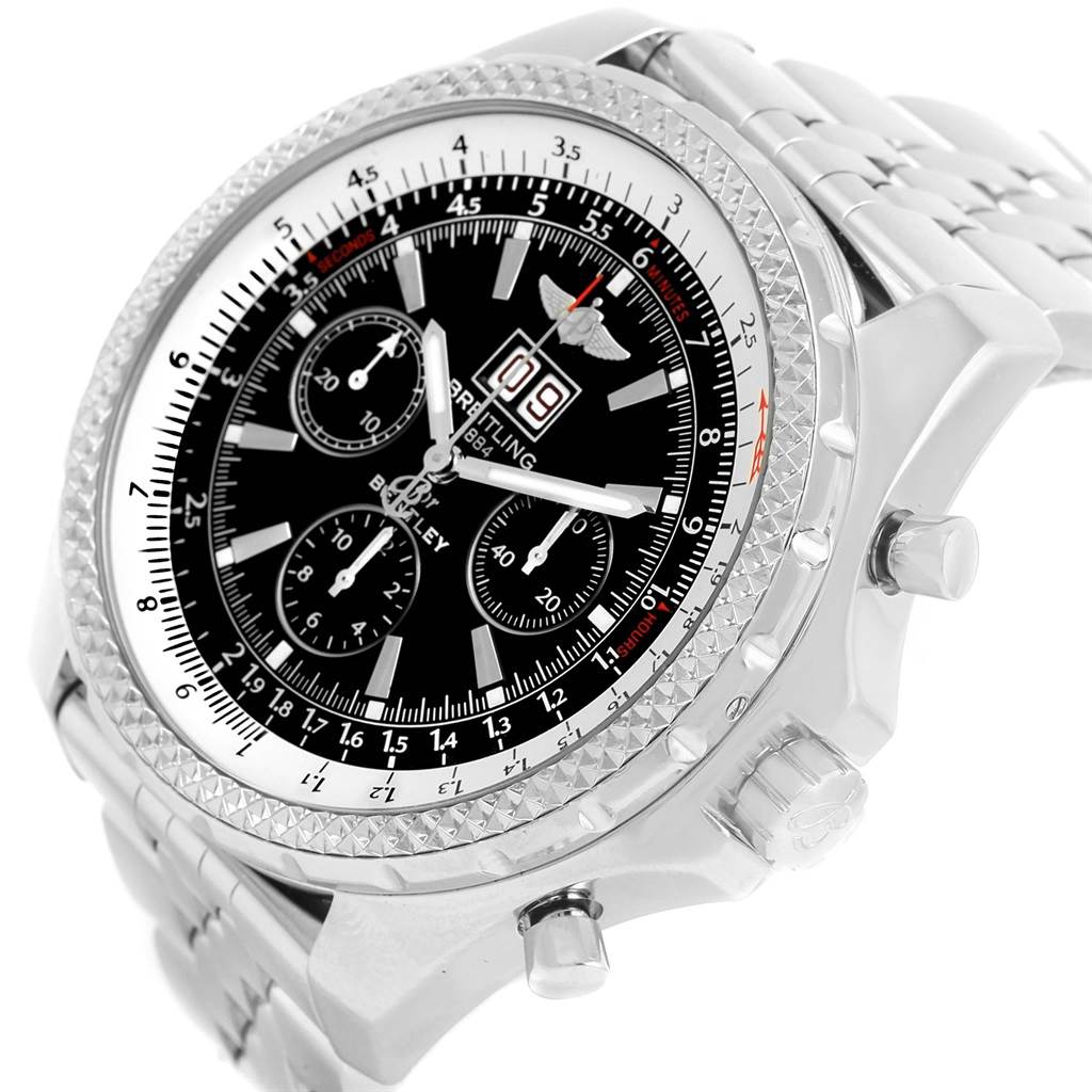 The image shows a front-angle view of the Breitling Bentley A44362 Men's Stainless Steel Black Dial A44362 Men's Stainless Steel Black Dial watch, highlighting the dial, bezel, and part of the metal bracelet.
