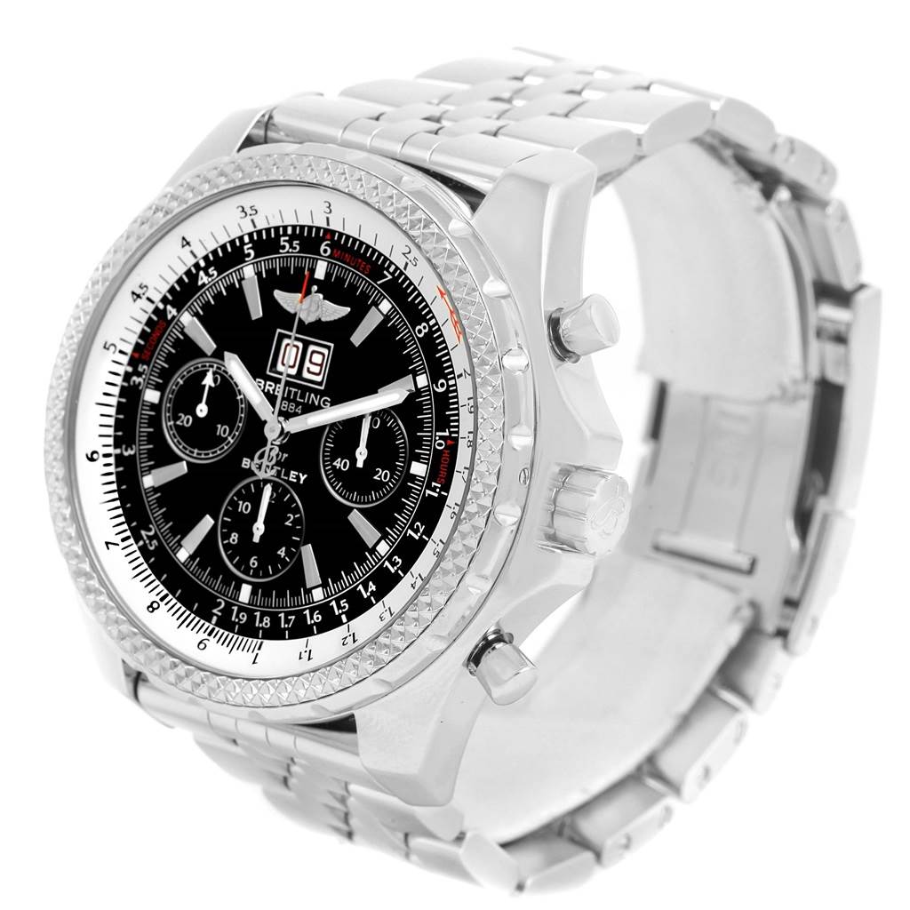 The Breitling Bentley A44362 Men's Stainless Steel Black Dial A44362 Men's Stainless Steel Black Dial watch is shown at an angle displaying the bezel, dial, crown, pushers, and bracelet.