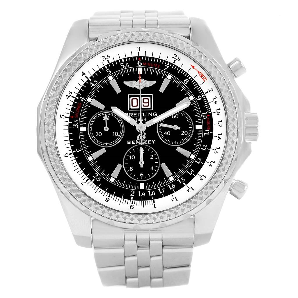 This image shows a front view of the Breitling Bentley A44362 Men's Stainless Steel Black Dial A44362 Men's Stainless Steel Black Dial model watch, highlighting its face, bezel, and part of the bracelet.