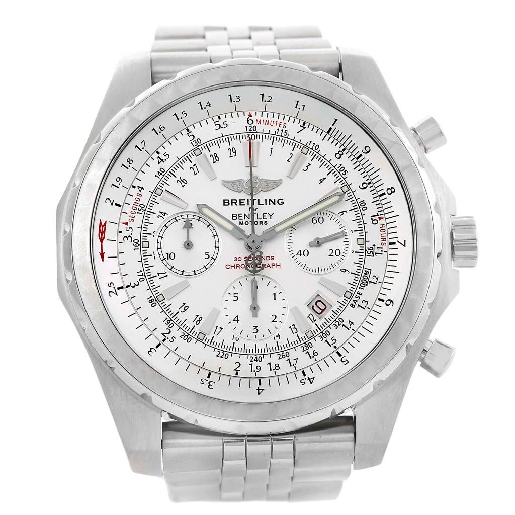 The Breitling Bentley A25363 Men's Stainless Steel White Dial A25363 Men's Stainless Steel White Dial watch is shown from the front, displaying its dial, bezel, subdials, and stainless steel bracelet.