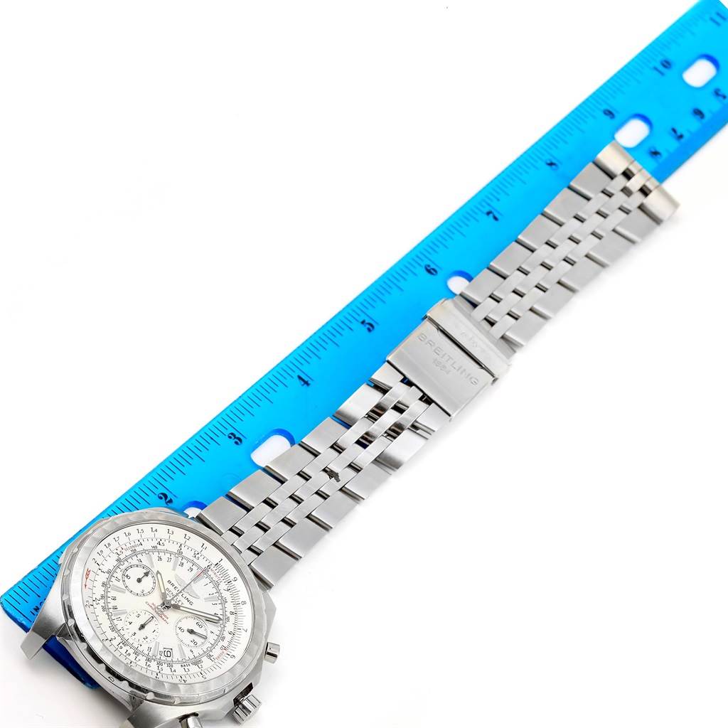 The image shows a flat-lay view of a Breitling Bentley A25363 Men's Stainless Steel White Dial A25363 Men's Stainless Steel White Dial model watch with a blue ruler measuring its stainless steel strap.