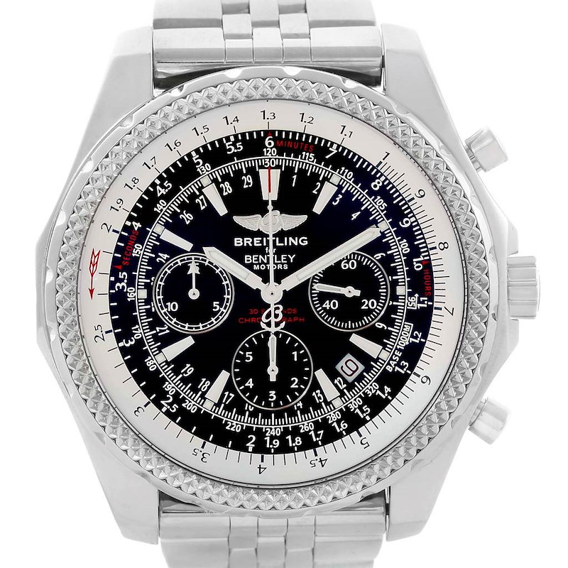 This image shows a front view of the Breitling Bentley watch, highlighting its dial, bezel, and metal bracelet.